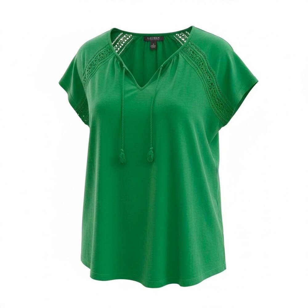 Lauren Ralph Lauren Green Crochet-Trim Cotton Tie-Neck Top Cottage Core Boho